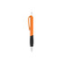 A plastic pen with a bright orange barrel and black grip, featuring a silver accent and a branded logo.
