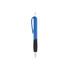 A blue plastic pen with a black grip and a chrome clip, featuring a branding logo.