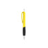 A plastic pen with a yellow barrel and black grip, featuring a silver clip and tip, with a logo present.