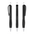 Three black plastic pens with a glossy barrel and silver accents, featuring a clip and a rubber grip.