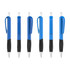 A collection of blue plastic pens with black grips, featuring a clip and a shiny silver tip, arranged in a row.