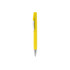 A yellow pen with a silver clip, featuring a sleek design. It has a branding logo.