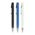 Three pens in black, blue, and white with a spray finish, each featuring a clip and metallic accents.