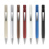 A collection of pens in silver, bronze, red, white, blue, and black, featuring a shiny spray finish and a logo.