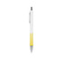 A creamy white plastic pen with yellow accents and a stainless steel tip, featuring a clip and branding.