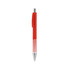 A plastic pen with a red barrel and chrome accents, featuring a clip and a pointed tip. It includes a logo.
