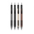 A set of four plastic pens in black, grey, gold, and brown, each featuring a sleek design and a branding logo.
