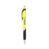 A yellow barrel ballpoint pen with a black grip and a logo on the side.