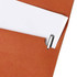 An A4 file bag in orange PU leather with a white sheet of paper partially visible and a silver pen included.