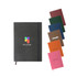 A B5 PU cover notebook in dark grey with a logo, alongside other colour options: green, brown, orange, and red.