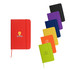 A red PU A6 notebook with an elastic band and a logo, accompanied by notebooks in black, purple, yellow, orange, and green.