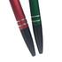A red and green metal ballpoint pen with a black tip and shiny silver bands. Both pens feature branding.