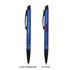 A blue metal ballpoint pen with a clip, featuring a logo and engravings on its body.