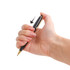 A black plastic pen with a gold clip is held in a hand, demonstrating its click mechanism.
