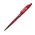 A red stylus pen featuring a crystal-filled barrel and a logo. The pen combines a traditional writing tool with a stylus tip.