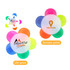 A flower-shaped highlighter featuring five colours: pink, orange, yellow, green, and blue. It has branding on a central white section.