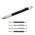 A set of multi-function pens in black, blue, yellow, white, and silver, featuring a logo on the black pen.