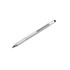 A silver multi-function pen with a textured grip and a clip, featuring a stylus tip at one end.