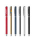 A selection of six aluminium gel pens in red, gold, blue, grey, silver, and black, featuring various designs and logos.