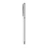A sleek silver aluminium gel pen with a clip and a polished finish. It features a simple design and has a logo.