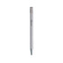 A silver aluminium click pen with a sleek design and a clip for easy attachment.