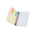 A white sticky note wallet containing a notepad, yellow sticky notes, and colourful sticky flags, with a pen included.