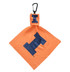 An orange microfibre lens cloth with a carabiner, featuring a large navy blue letter "I" and a logo.