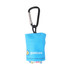 A blue microfibre lens cloth with a carabiner, featuring a logo, neatly folded for storage.