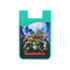 A turquoise phone wallet featuring a graphic of four animated characters against a night cityscape background.