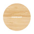 A circular bamboo wireless charger with a light wooden texture and a logo in the centre.
