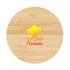 A circular bamboo surface featuring a chef's hat logo and the word "Pizzeria" in vibrant colours.