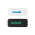 A white and black tablet webcam cover with logos in blue and green on each side.