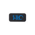 A black mini webcam cover with a logo printed in blue on the surface.