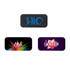 A set of three mini webcam covers in black and colourful designs, featuring a logo and graphic text.