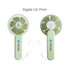 A foldable USB handy fan in light green, featuring a logo, with a straight handle and ventilation blades.