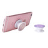 A mobile phone with a white and purple patterned pop holder attached, alongside a matching pop holder.