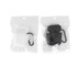 Two pairs of wireless earbuds in black and white packaging, featuring a carabiner clip and a logo.