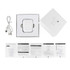 A set of white wireless earbuds in their box, accompanied by a charging cable and instruction manual.