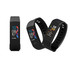 A black multifunctional smart band with a digital display and a logo, featuring various data readings.