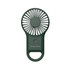 A green carabiner mini fan with an LED light, featuring a branding logo on the front.