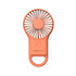 A compact orange carabiner mini fan with LED light, featuring a circular design and a small handle for attachment.