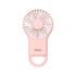 A pink carabiner mini fan with an LED light, featuring a logo and a circular design.