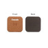 A square wireless charger in cork colour on the front and dark grey on the back, featuring a logo.