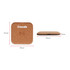 A square cork wireless charger in a light brown shade, featuring a simple logo, measuring 95mm by 15mm.