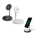 A black and white 2-in-1 wireless charger with a circular charging pad and a sleek stand, featuring a logo.