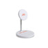 A white 2-in-1 wireless charger with a round base and a raised magnetic charging pad, featuring a logo.