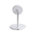 A white 2-in-1 wireless charger features a chrome stand and a round base for mobile devices.