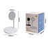 A white 2-in-1 wireless charger stands with a circular magnetic pad, accompanied by a product box.