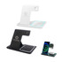 A 3-in-1 portable wireless charger in white and black, designed for charging phones and devices, featuring logos.