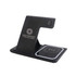 A black 3-in-1 portable wireless charger with a sleek design and a logo on the surface.
